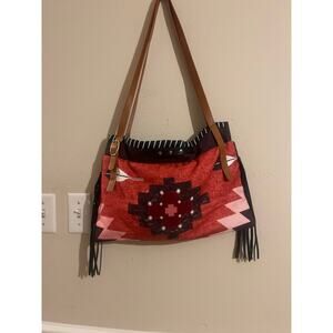 Fringed western,Aztec canvas shoulder bag.